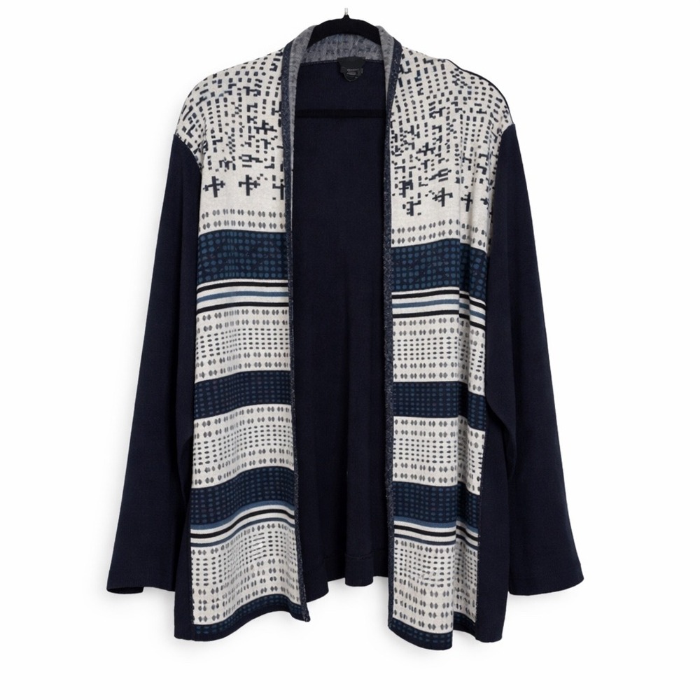 Persona Marina Rinaldi Italian Blue Geometric Open Front Knit Cardigan XL